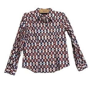 Jones New York Signature Petite Red Blue Chain Link Button Down Shirt PS Cotton